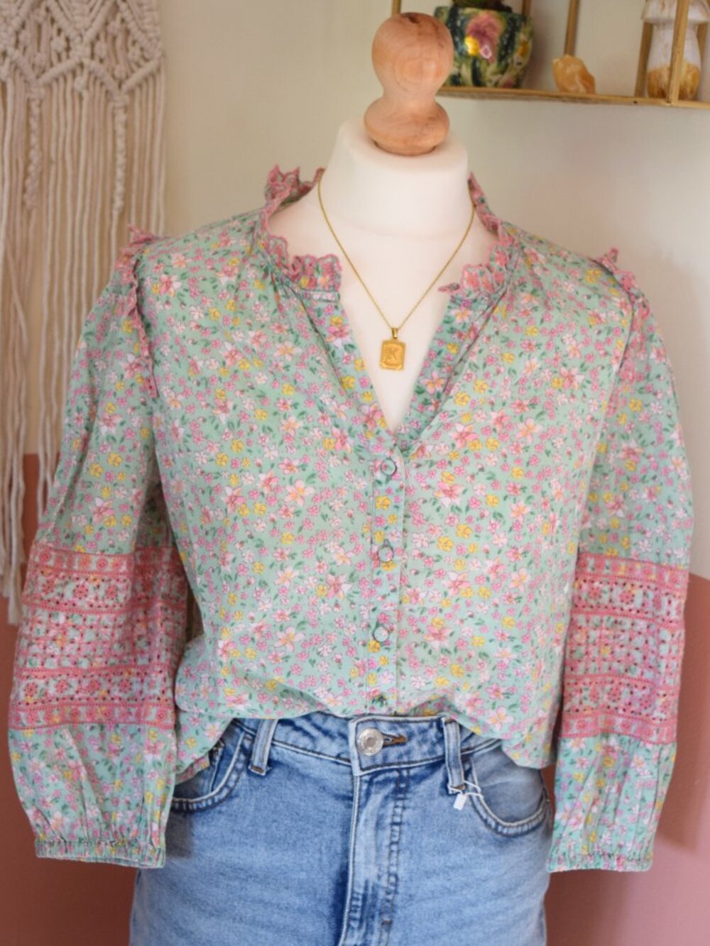 Oliver Bonas Floral Ruffle Blouse Embroidered Sleeve Cottagecore US 4 S